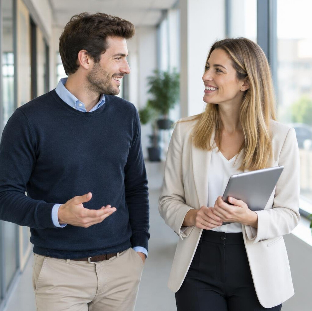 Two colleagues having a friendly conversation in an office corridor