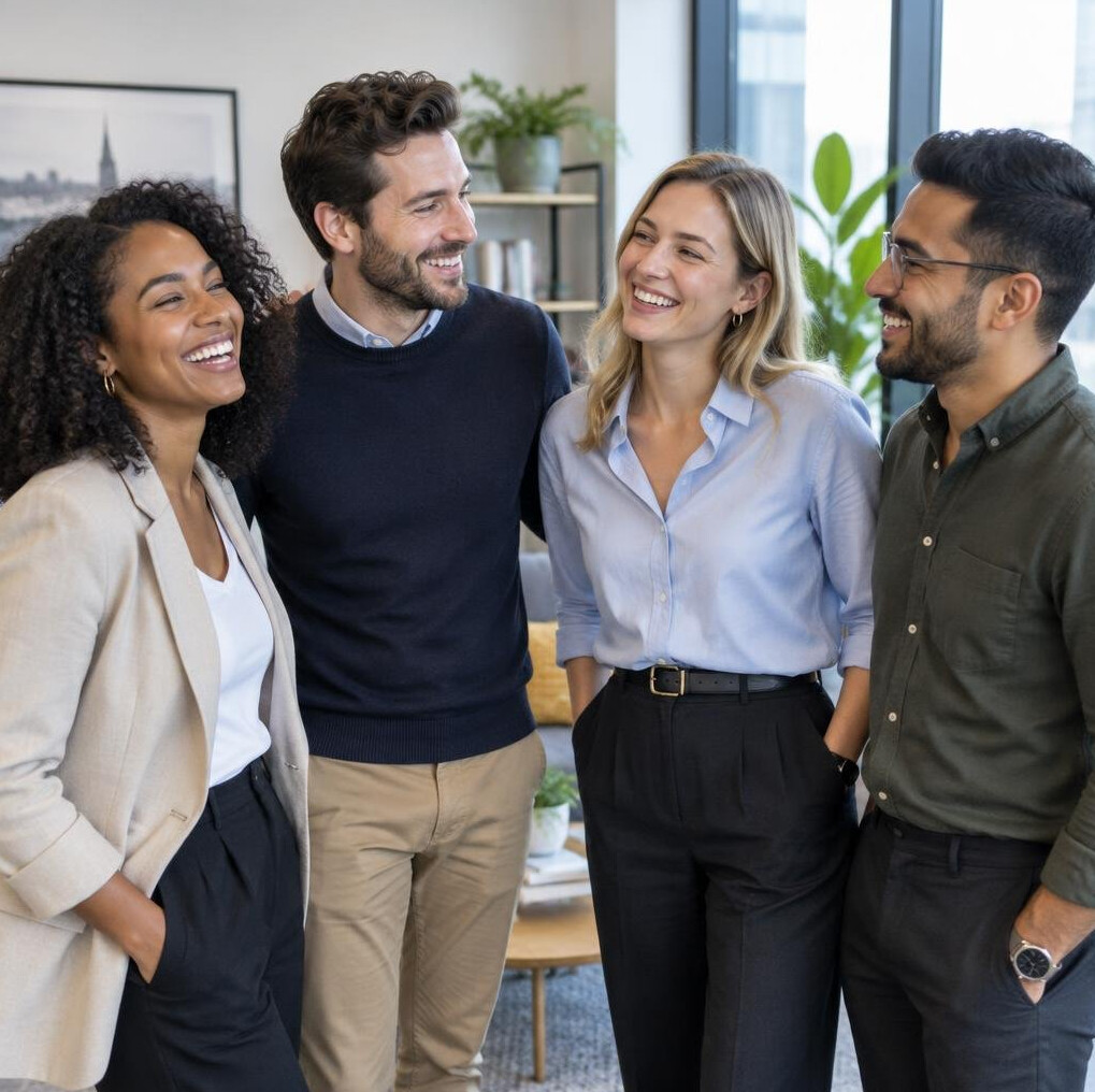 Diverse group of colleagues laughing together during a break