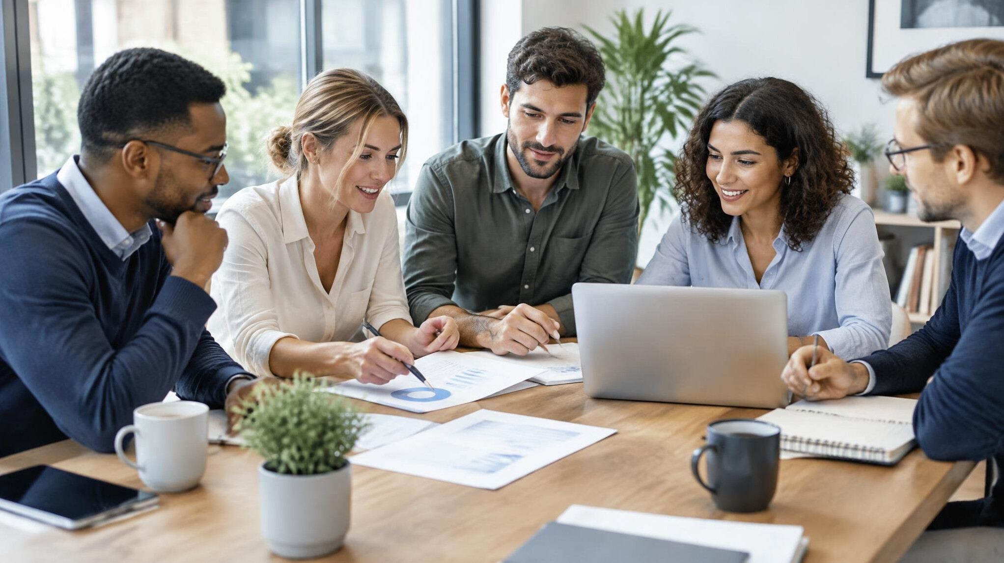 Diverse team of professionals collaborating around a table in a modern office